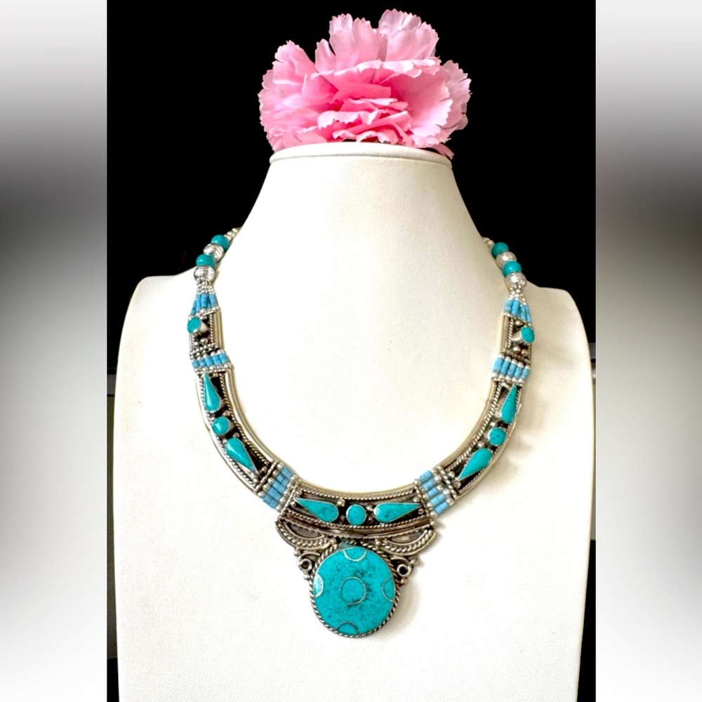Handcrafted Ethnic Style Pendant Necklace Inlay Turquoise Set In Silver 113grams